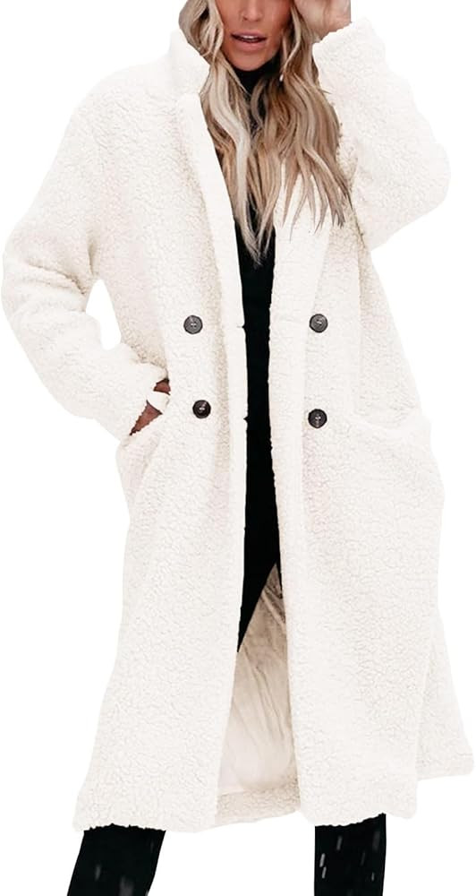 Womens Fuzzy Fleece Jacket Sherpa Trench Coat Trendy Double Breasted Open Front Long Cardigan wit... | Amazon (US)