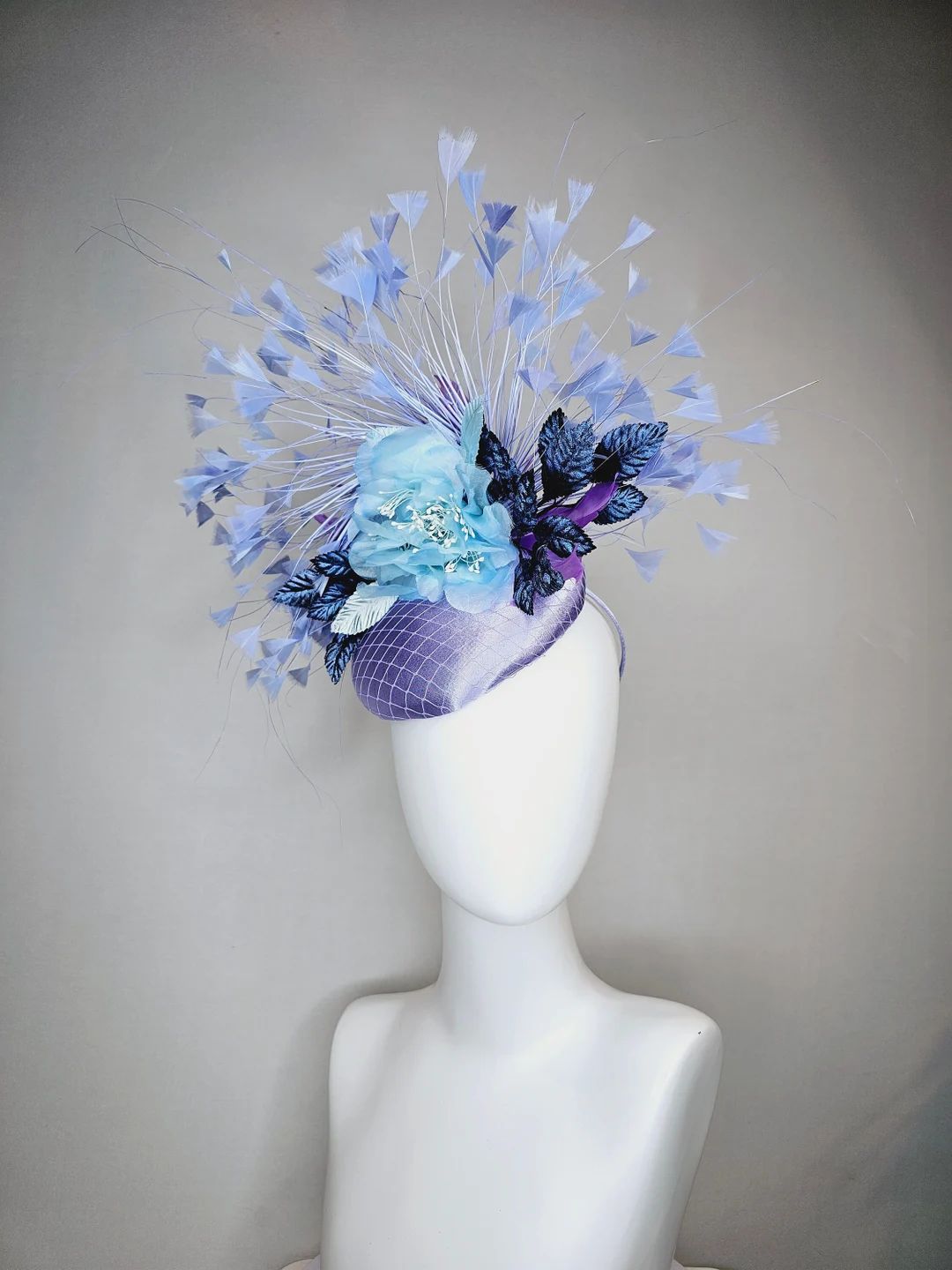 Kentucky Derby Hat Fascinator Light Blue Lavender Satin With Light Blue Silk Flower Navy Velvet L... | Etsy (US)