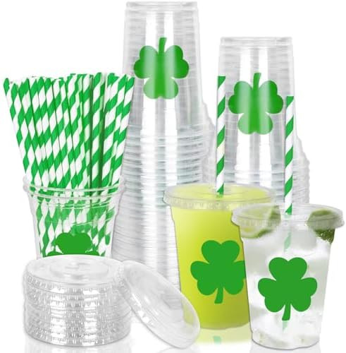 Whaline 50Pcs St. Patrick's Day Disposable Plastic Cups with Lids and Straws 12oz Green Shamrock ... | Amazon (US)