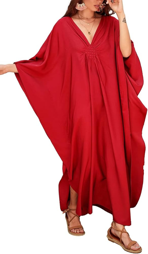 Bsubseach Women Solid Color Cover Up V Neck Batwing Sleeve Plus Size Beach Kaftan Dresses | Amazon (US)