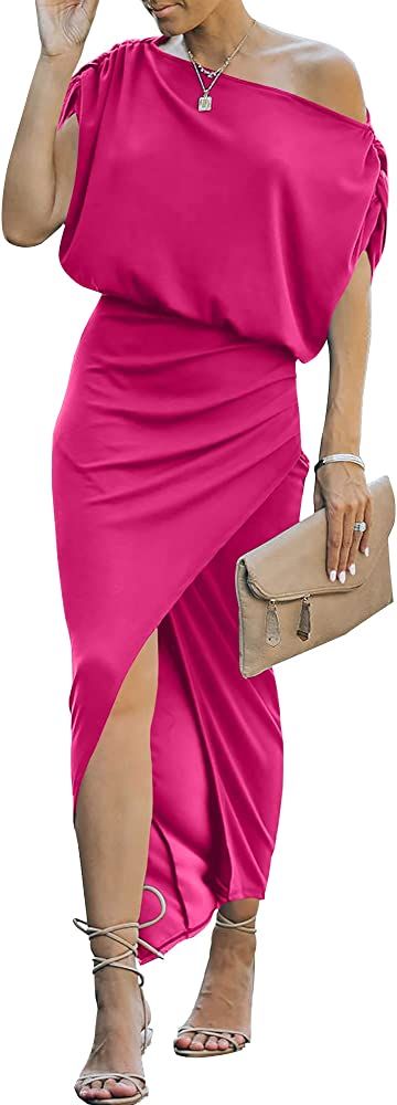 ANRABESS Women's Off The Shoulder Summer Short Sleeve Wrap Slit Bodycon Maxi Elegant Dress | Amazon (US)
