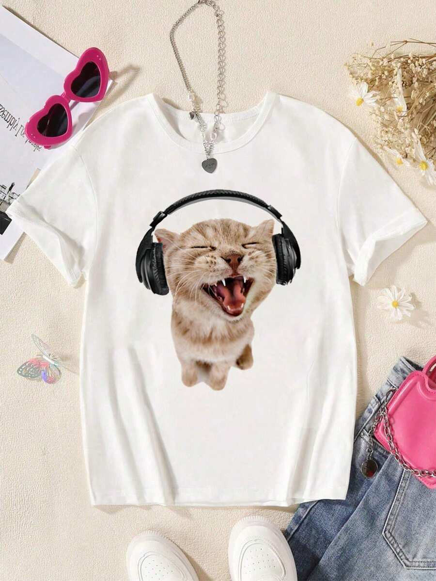 Tween Girl Fashionable Cute Cat Printed Short Sleeve Crew Neck T-Shirt | SHEIN