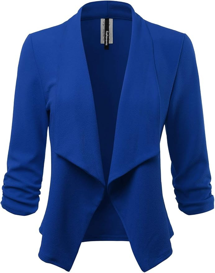 FASHIONOLIC Women's Stretch 3/4 Gathered Sleeve Open Blazer Jacket (Made in USA) | Amazon (US)