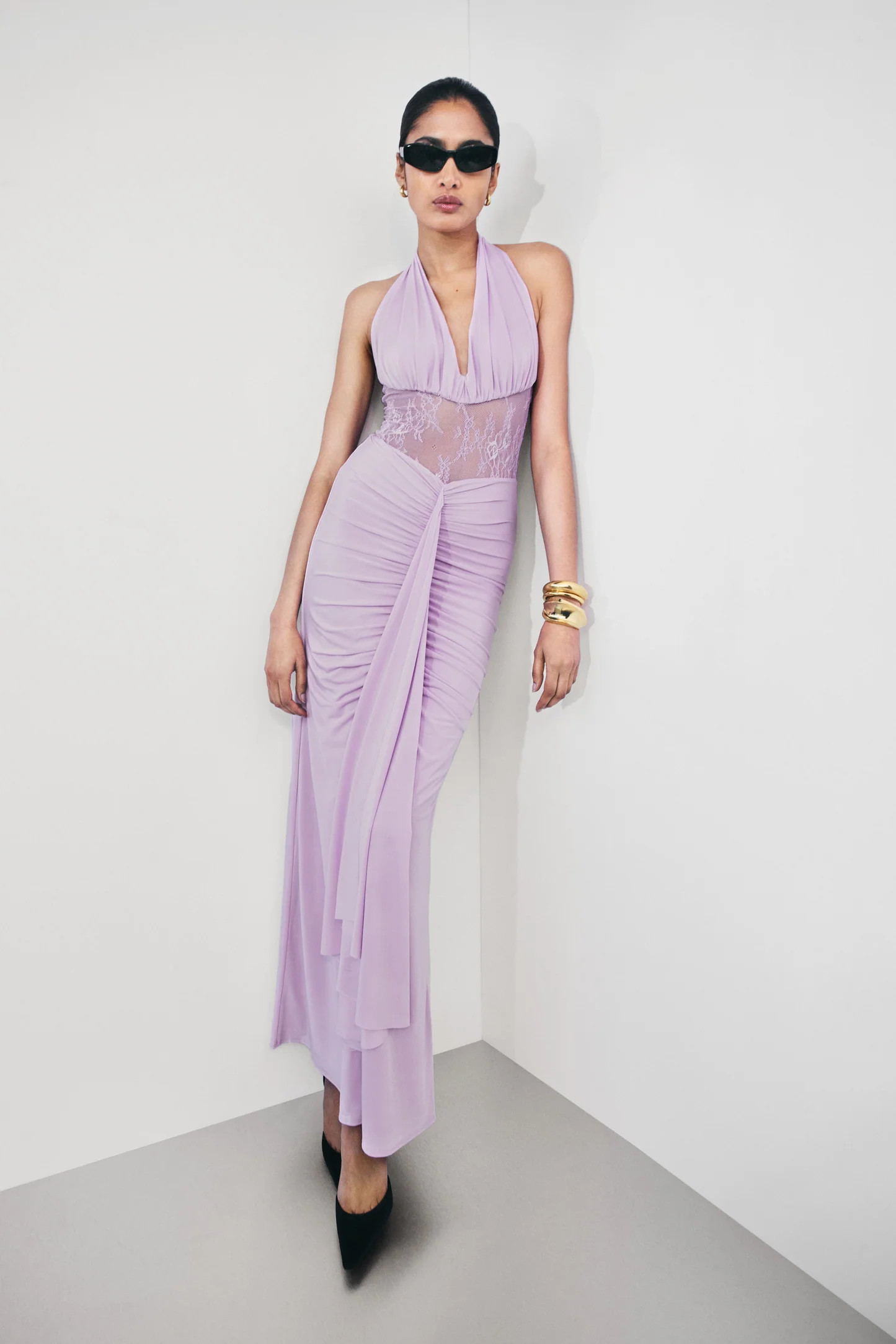 Bonnie Slinky And Lace Maxi Dress - Lilac | Meshki UK