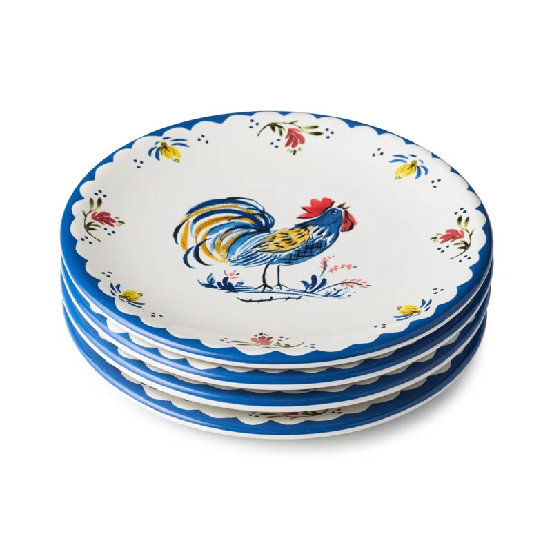 French Rooster Ceramic Dinner Plate Set of 4, 11‑inch plates with classic blue border and multi... | Wayfair North America