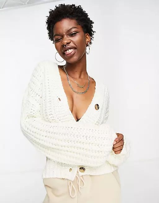 Noisy May knitted button up cardigan in cream | ASOS (Global)
