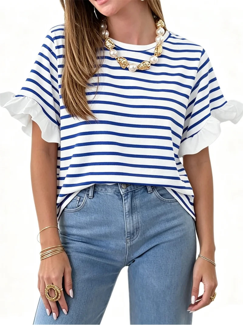 Summer Stripe Printed Short Sleeved Crew Neck Casual Shirt Tops | Walmart (US)