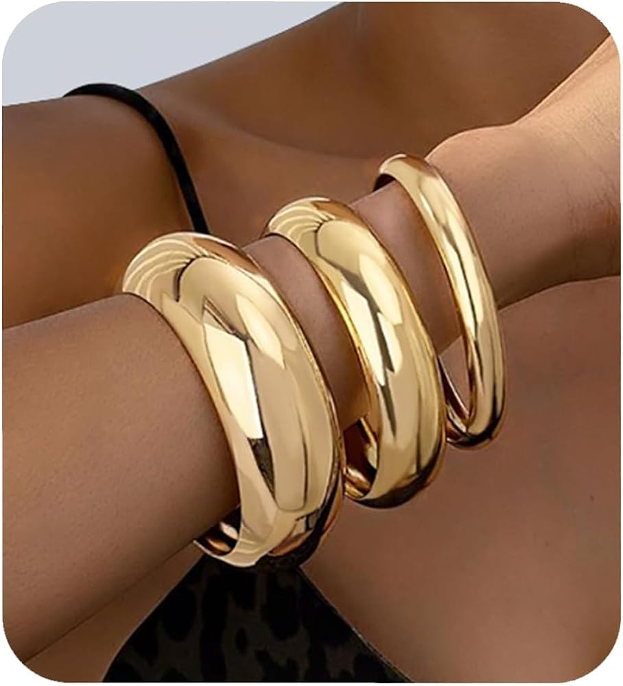 Chunky Gold Bangle Bracelets for Women, Dainty 14k Gold Plated Big Stackable Bangles Set, Trendy ... | Amazon (US)