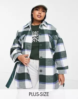 Pieces Curve belted wool shacket in mixed green plaid | ASOS (Global)