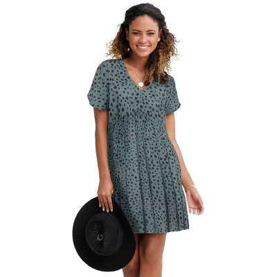 Women's Print V-Neck Dress - LASCANA - Green & Black Polka Dots 4 | Target