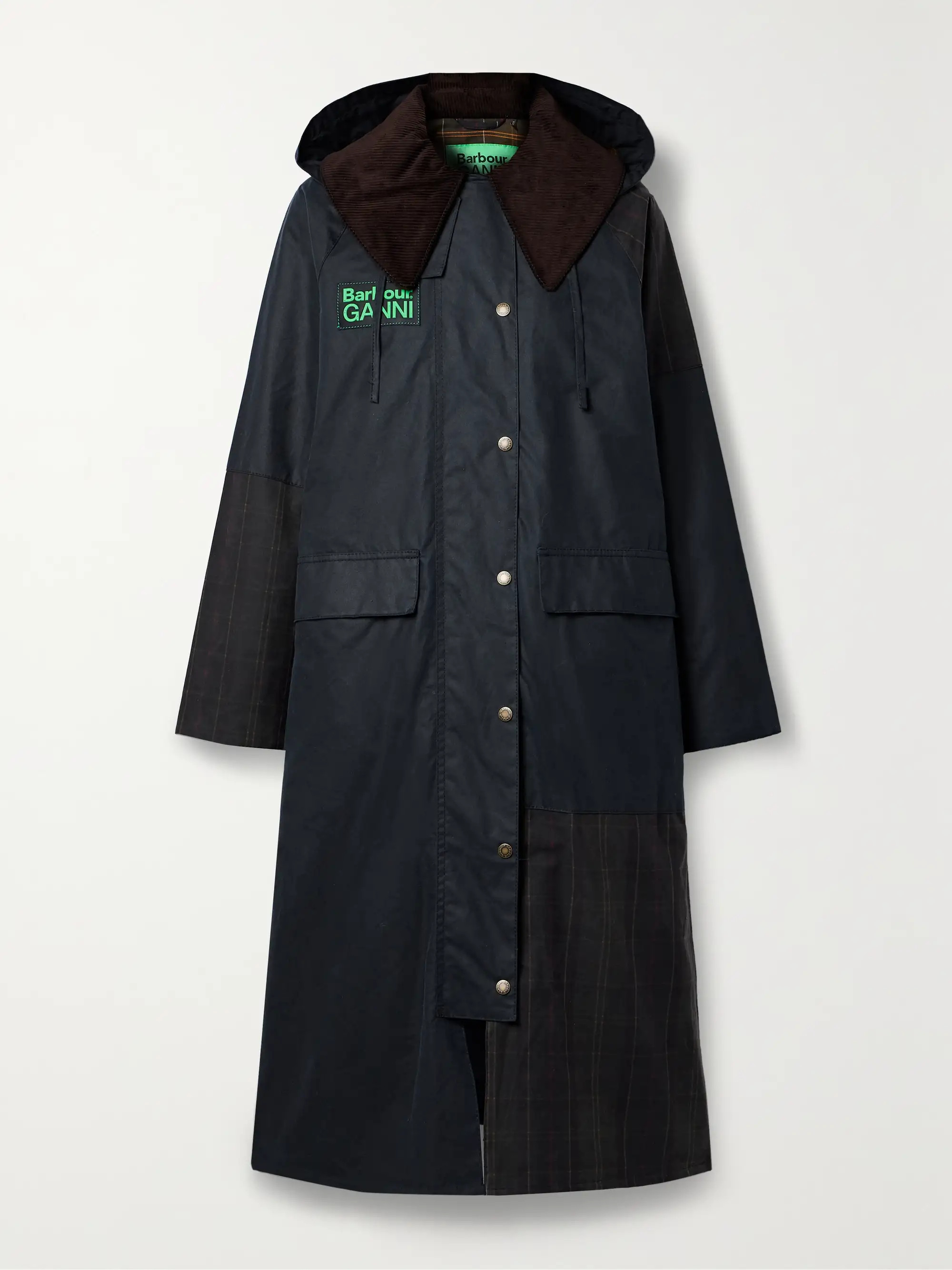 + GANNI Burghley hooded corduroy-trimmed paneled organic waxed-cotton jacket | NET-A-PORTER (US)