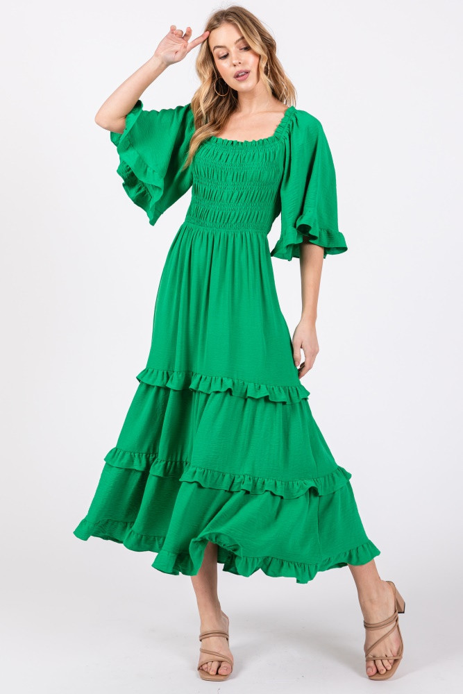 Green Smocked Ruffle Tiered Midi Dress | PinkBlush Maternity
