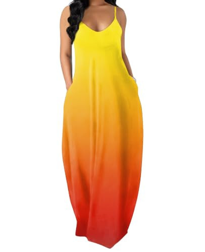 Summer Dress Long Maxi Dresses for Women V Neck Ombre Yellow Orange L | Amazon (US)