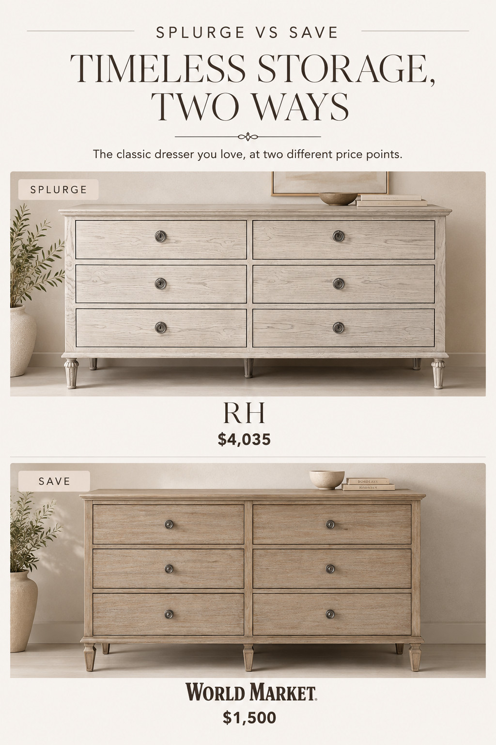 Love this timeless wood dresser look for less! The World Market option gives you a very similar classic RH-inspired style with a warm natural finish, elegant legs, and six roomy drawers for bedroom storage.

Such a beautiful pick for a neutral bedroom, guest room, or cozy modern farmhouse space—elevated style without the $4,000+ price tag. 

 #WorldMarketFinds #DresserFind #BedroomFurniture #RHInspired #DesignerLookForLess #NeutralBedroom #FarmhouseBedroom #AffordableHomeDecor #BedroomStorage #LTKOver40 #LTKHome #LTKSaleAlert