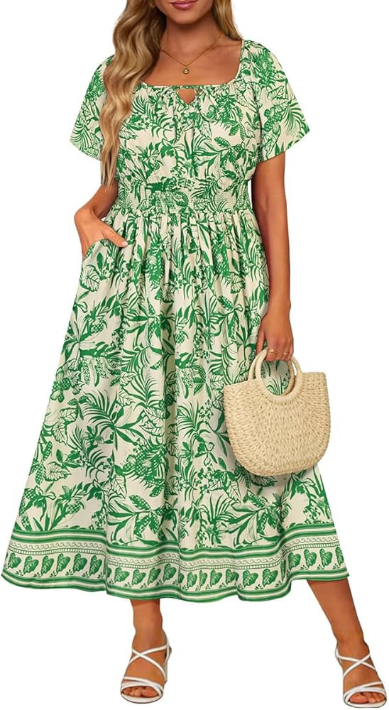 CARCOS Womens Plus Size Dress Summer Short Sleeves Square Neck Tie Front Elastic Waist Midi Dress... | Amazon (US)