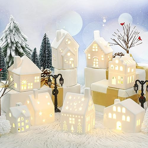 Cindeer 26 Pcs Ceramic Christmas Village Set 8 LED Christmas Village Houses 16 Xmas Trees Farmhouse 2 Lamp Post Scenes Decor White Tabletop Decoration(Classic) | Amazon (US)