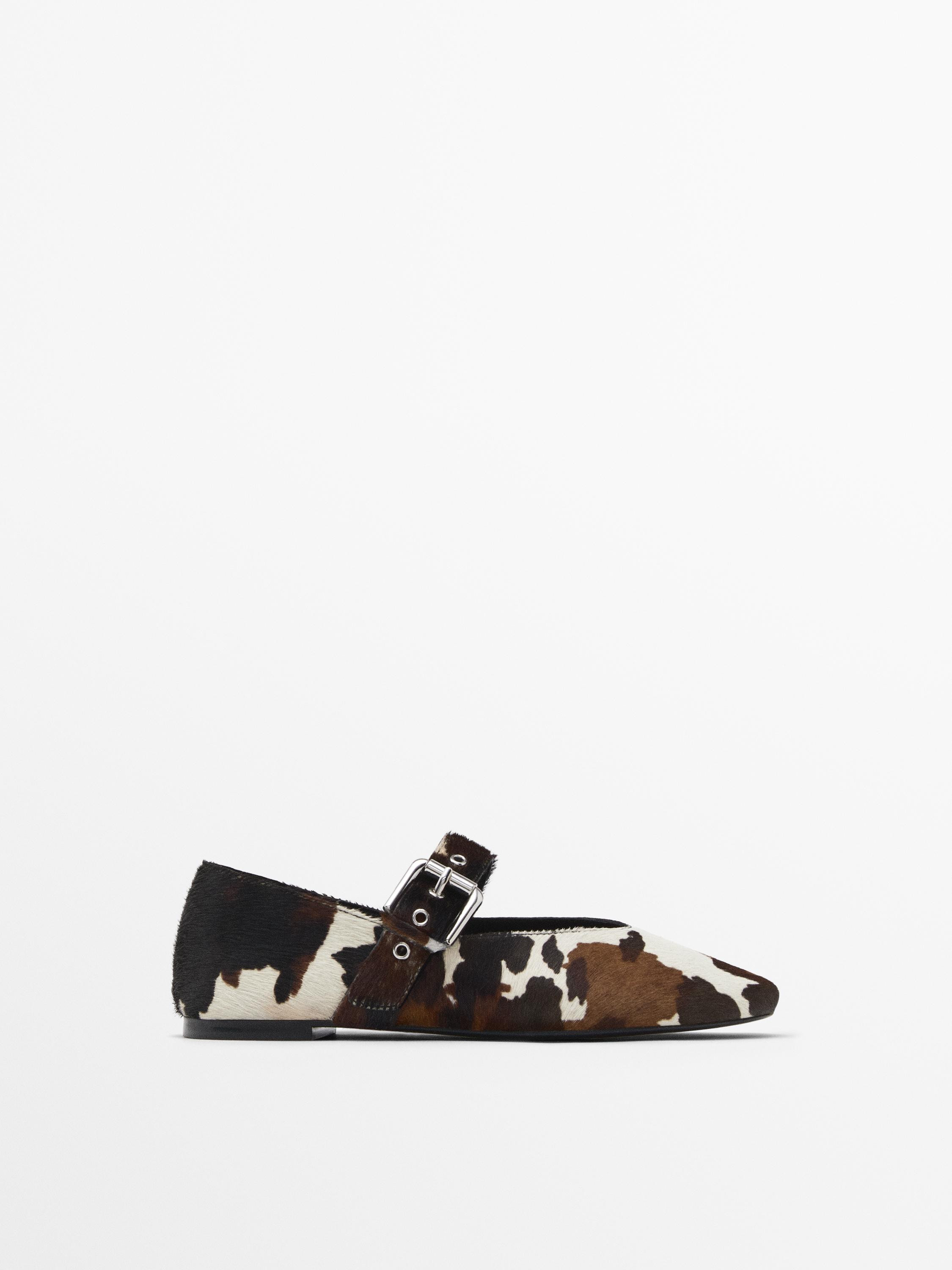 Animal print furskin ballet flats with buckle | Massimo Dutti UK