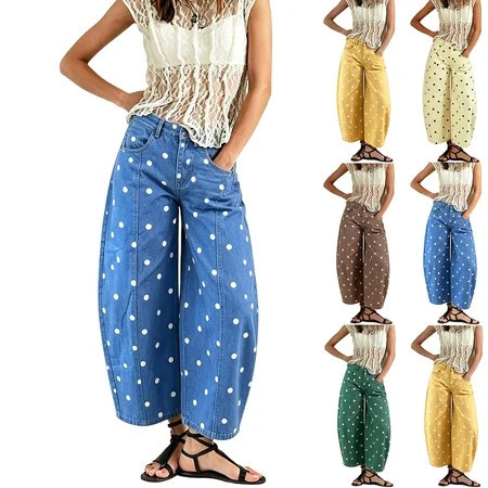 Womens Polka Dot Barrel Jeans Vintage Boyfriend Y2K High Waisted Wide Leg Denim Pants Brown M | Walmart (US)