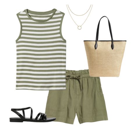 A NEW capsule wardrobe for the Summer season…Everyday Casual Summer Collection ☀️ This ready-made, complete wardrobe is perfect for moms, women who work from home, retired women or anyone needing all-casual outfits. 🙌

Olive stripe tank
Olive shorts
Black strap sandals
Straw tote