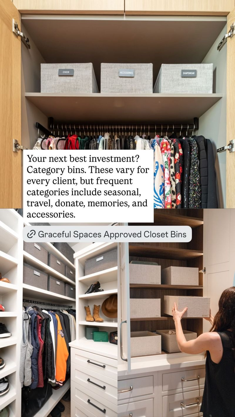 Your next best investment? Category bins. These vary for every client but frequent categories includes seasonal, travel, donate travel, memories, and accessories. Shop these Graceful Spaces approved closet bins!

#LTKFindsUnder100 #LTKHome #LTKFindsUnder50