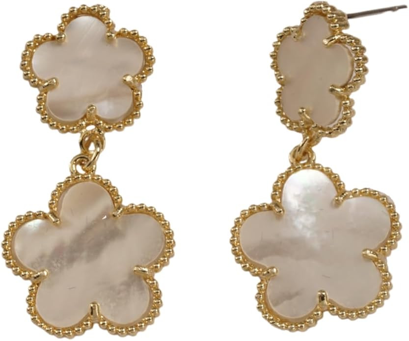 Clover flower double drop dangle earrings and mathcing necklaces. (DB-Pearl) | Amazon (US)