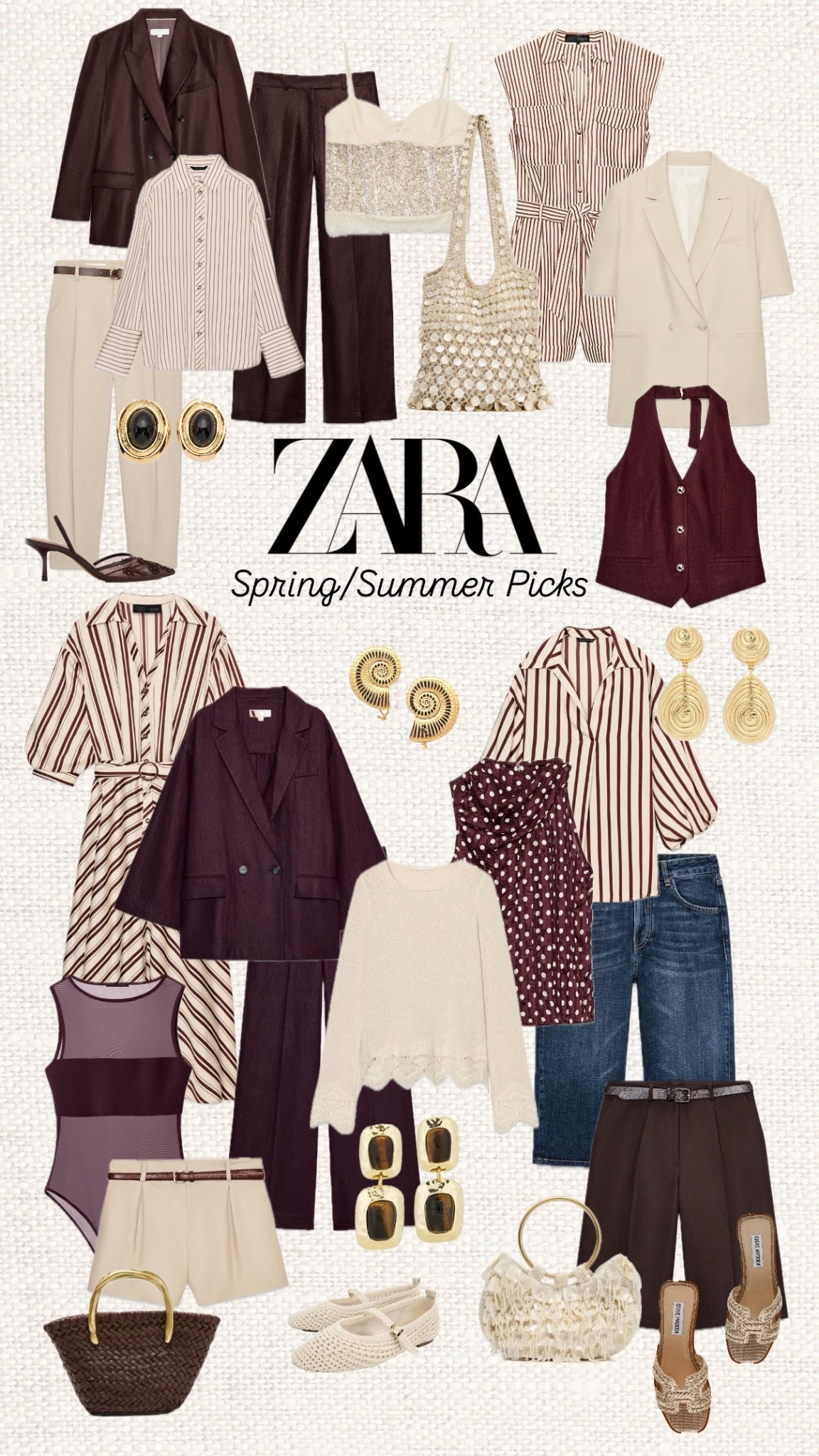 Rich neutrals are taking over this season and Zara absolutely delivered 🤎 From chocolate brown tailoring to soft cream knits and elegant striped pieces, these Spring/Summer finds are the kind of wardrobe staples you’ll keep reaching for. I especially love how the deep burgundy tones mix with warm beige and gold accessories — it instantly makes every outfit feel more elevated.

Like this post to save it to your favourite folder and come back later to shop.

Zara spring fashion, chocolate brown blazer, burgundy vest top, striped shirt Zara, linen trousers outfit, neutral summer wardrobe, Zara striped dress, brown tailored shorts, cream knit sweater, burgundy polka dot skirt, woven handbag Zara, Mary Jane flats, summer tailoring women, quiet luxury outfits, neutral capsule wardrobe, Zara matching set, elegant summer outfits, brown and beige outfit ideas, European summer style, chic everyday outfits 🤎✨