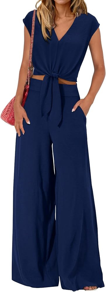 PRETTYGARDEN Women's Summer 2 Piece Outfits 2024 Cap Sleeve V Neck Belted Crop Tops Wide Leg Pant... | Amazon (US)