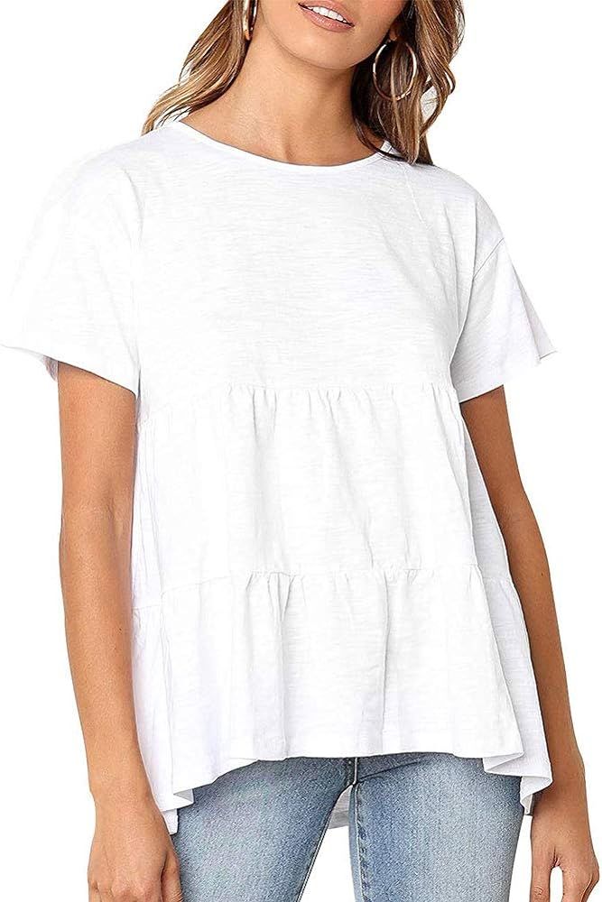 BONIFOT Women's Peplum Tops Loose fit Round Neck Casual Tee Shirts | Amazon (US)