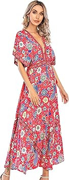 R.Vivimos Women Summer Print Deep V Neck Cotton Beach Long Dresses | Amazon (US)