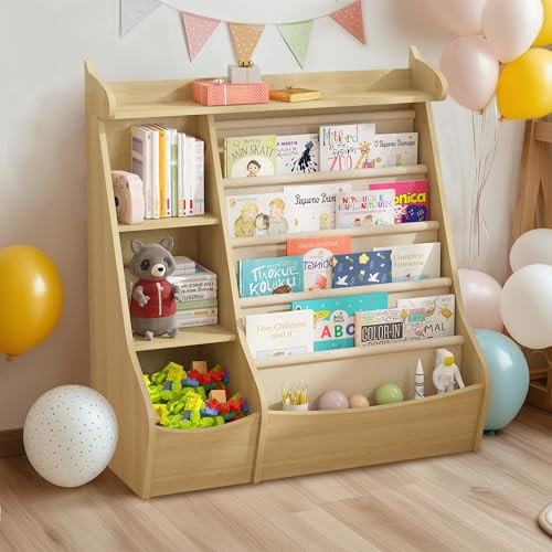Kids Bookshelf Montessori, 4 Sling Baby Bookcase, 4 Tier Display Shelves, Wooden Book Rack, Toddler Toy Storage Organizer Cabinet, Floor Children Bookshelf Nursery Playroom Bedroom Library, Natural | Amazon (US)