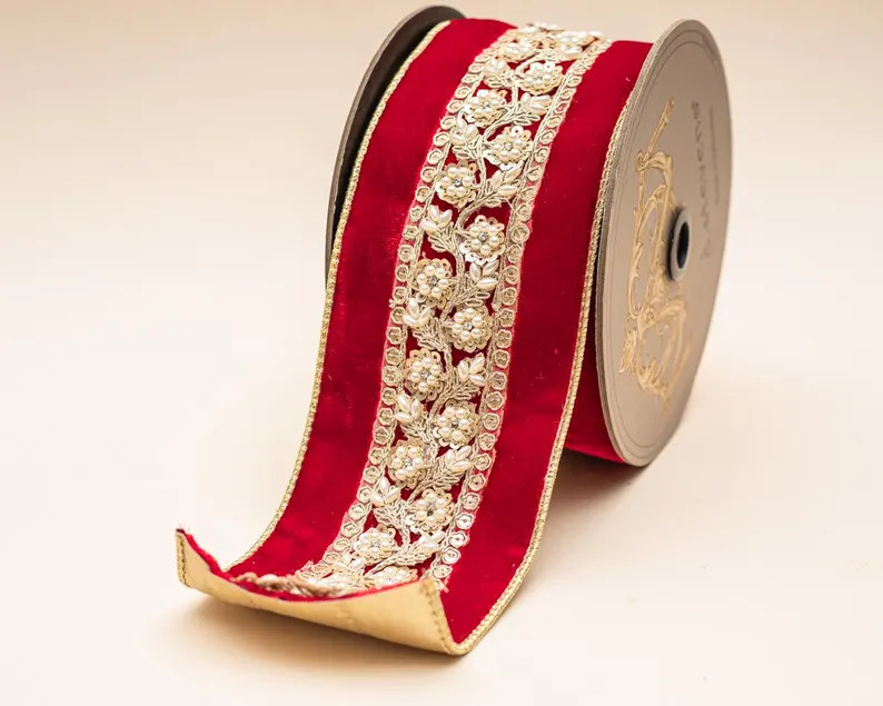 Red Velvet and Gold Embroidered Ribbon \u2013 4\u201d Wide Luxury Ribbon, Christmas Tree Ribbon, ... | Etsy (Global)