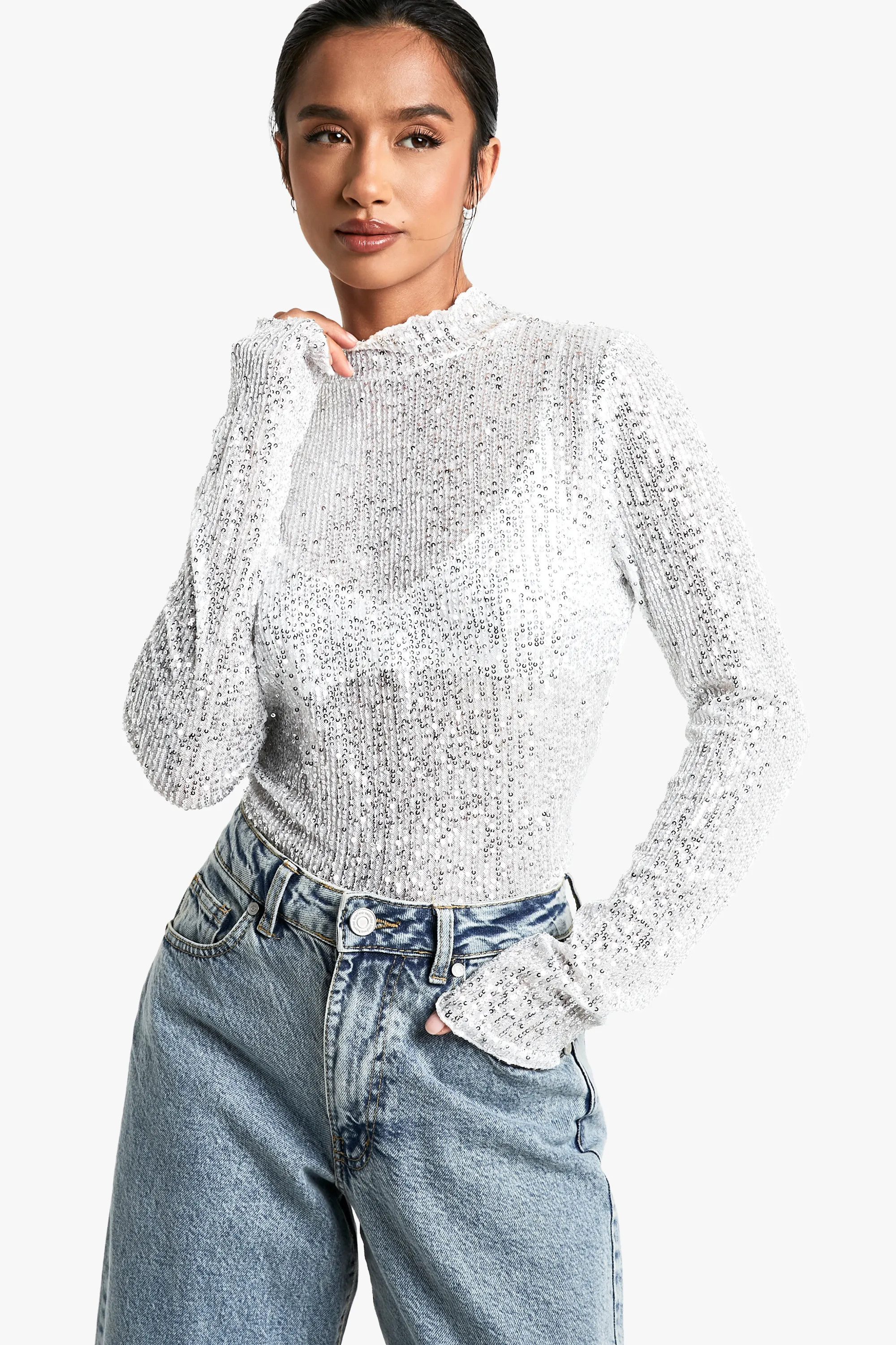 Petite Sequin High Neck Long Sleeved Top | Boohoo.com (UK & IE)