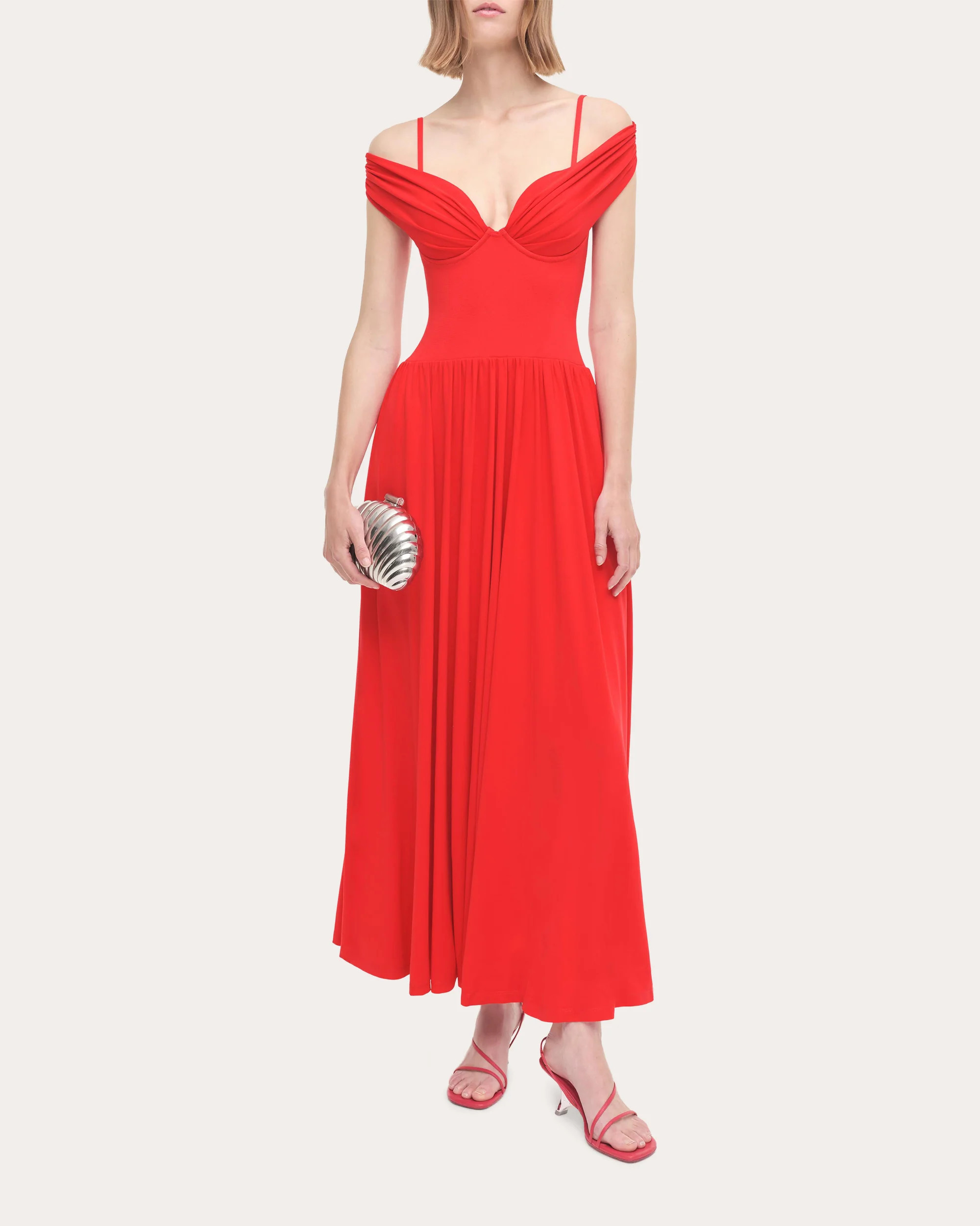 SIMKHAI Women's Amarantha Pleated Jersey Bustier Off-Shoulder Dress in Fiery Red Viscose/Rayon/Polyester | Olivela