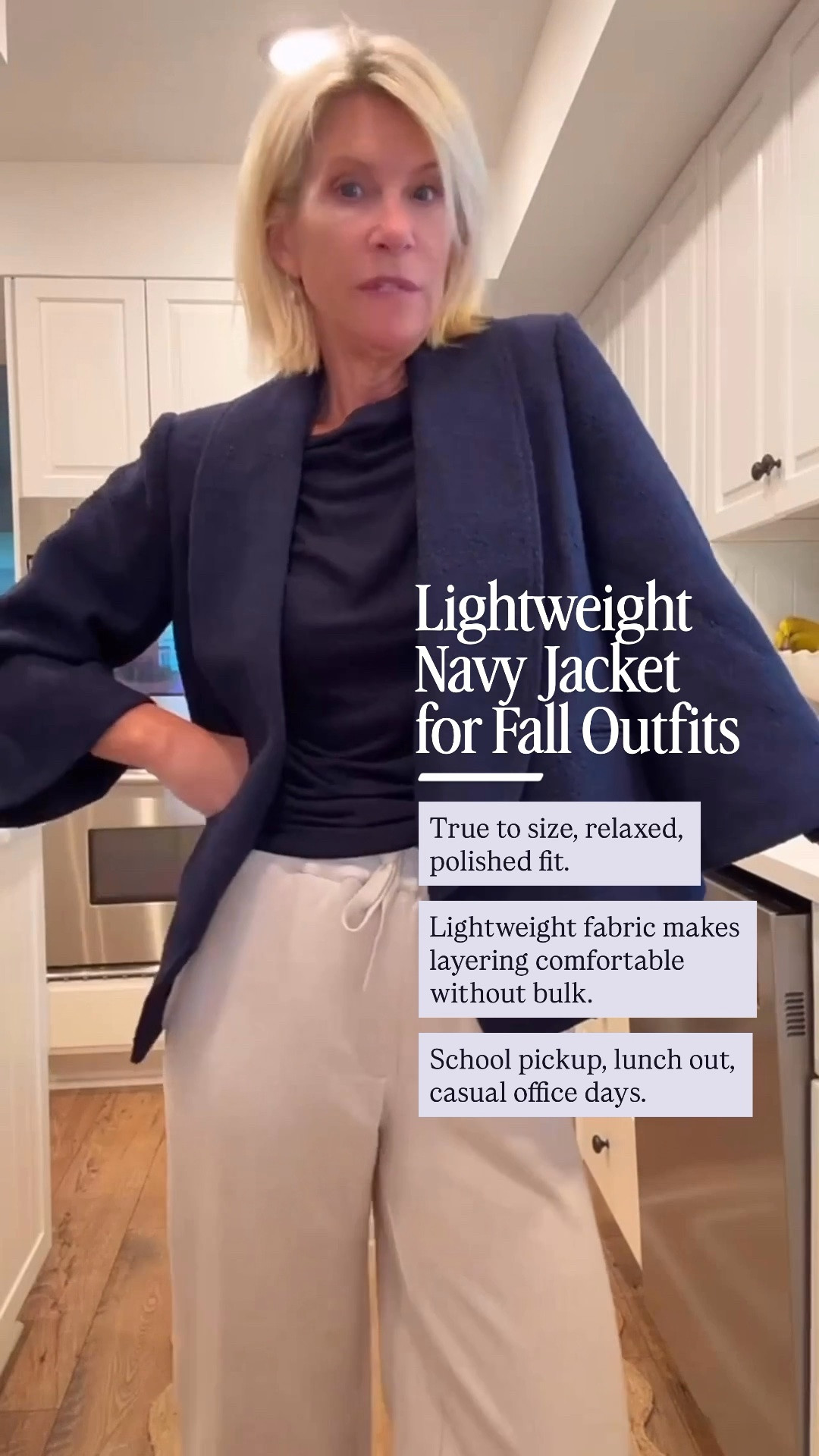 This lightweight navy jacket is the kind of piece that solves that problem without adding bulk. The shawl collar gives it a polished look, while the bracelet sleeves keep it feeling relaxed and easy to wear.

I’d wear it with wide-leg pants for errands, lunch with friends, school pickup, or casual days when you want to look pulled together without overthinking it.

It’s also an easy layering piece to keep reaching for all season.

👩‍💻 LTK PRO TIPS
❤️ Heart = Support my posts ;-)
🔖 Save = Get sale & restock alerts for the things you love!
📋 Lists = Keep favorites organized (List ideas: Christmas, Birthdays, and Vacations!)
📲 Share = Send lists and products to a friend (or your daughters like me).
💬 Comment = Ask me anything, and I’ll answer. ;-)

#LTKootd #LTKSeasonal #LTKOver40