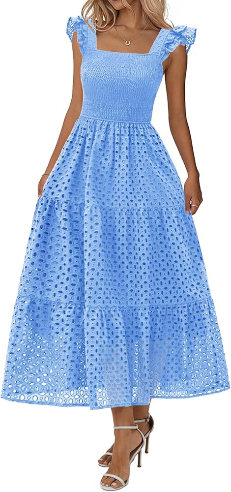 Lazysmile Womens Summer Maxi Dress Square Neck Ruffle Cap Sleeve Hollow Out Eyelet Smocked Tiered... | Amazon (US)