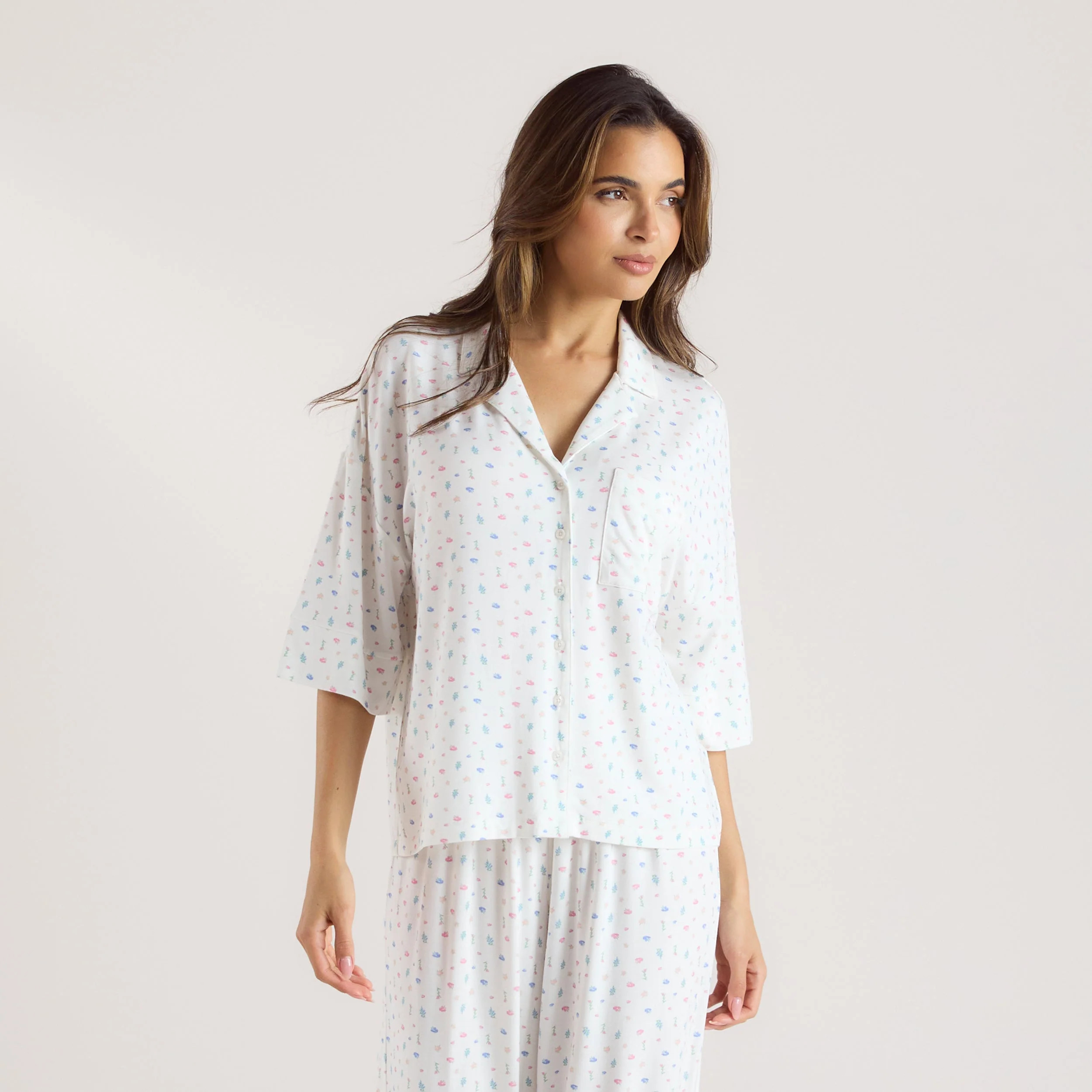 Modal Short Sleeve Pyjama Shirt - White Floral | Lounge AUS