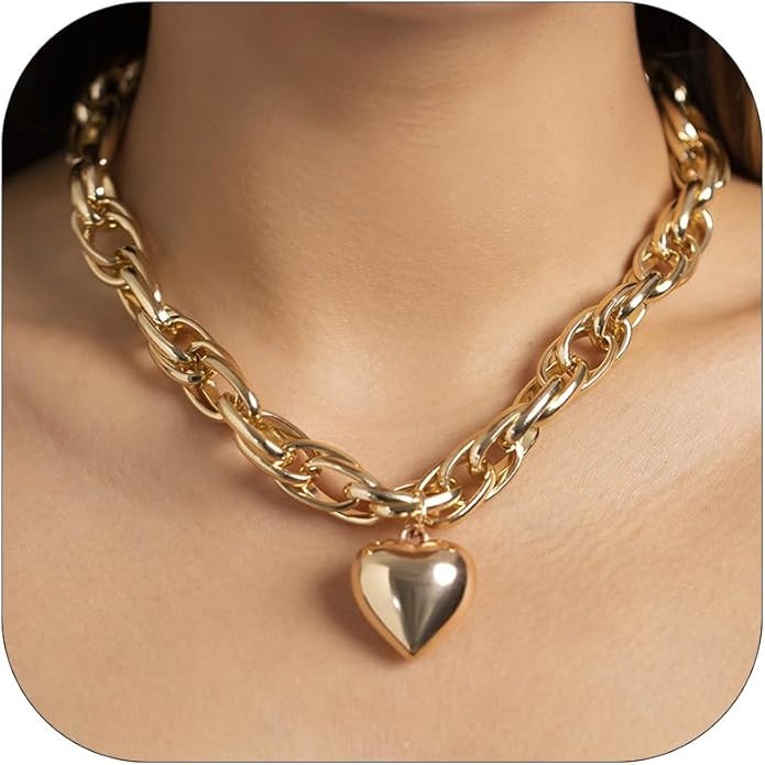 Chunky Gold Necklace for Women Trendy Gold Cuban Link Chain Statement Necklace Vintage Heavy Meta... | Amazon (US)