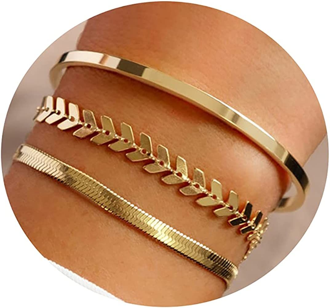 MIDEEO Gold Plated Bracelets for Women Dainty Layered Herringbone Twisted Rope Chain Bracelets Se... | Amazon (US)