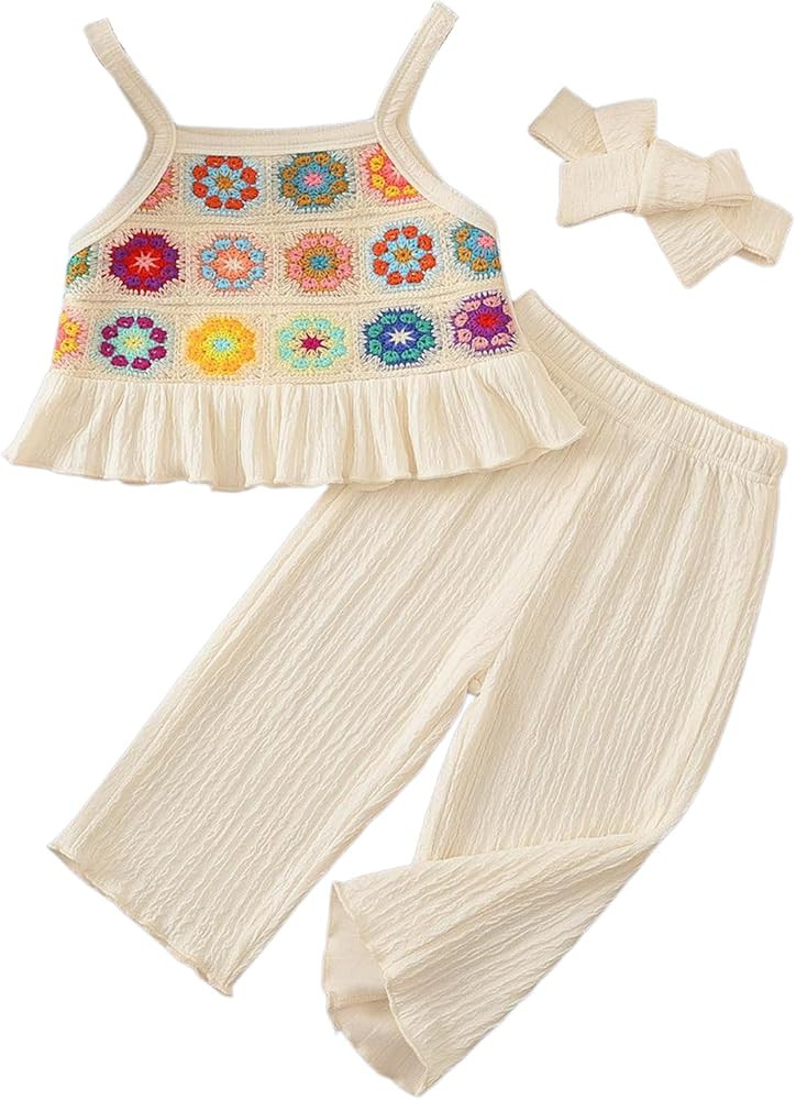 Toddler Baby Girl Summer Clothes Outfits Crocheted Ruffle Camisole Pants Kids Clothing Set | Amazon (US)