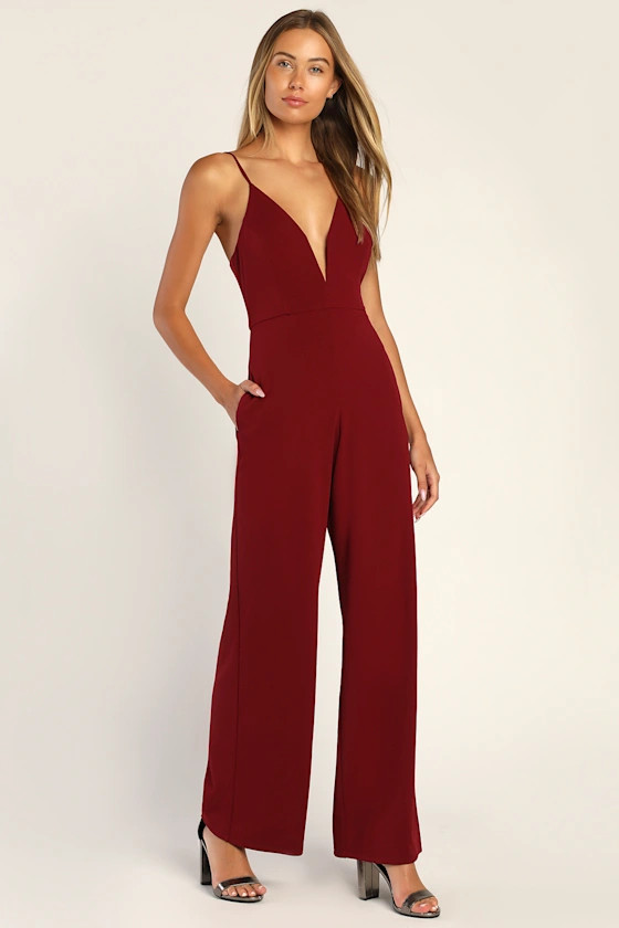 Fierce Flirt Burgundy Plunge Sleeveless Wide-Leg Jumpsuit | Lulus (US)