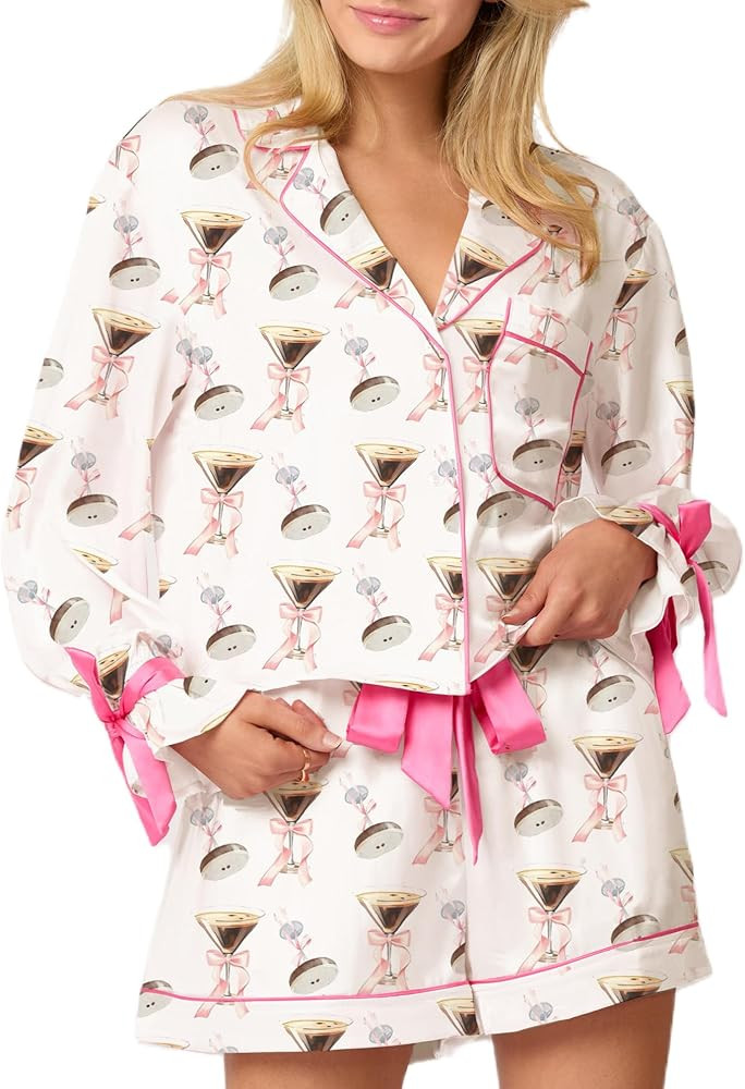 Women Silk Satin Martini Bow Pajamas Aesthetic Preppy Pjs Long Sleeve Shirt Ruffle Pj Shorts Set ... | Amazon (US)