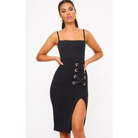 Black Eyelet Satin Lace Up Detail Midi Dress | PrettyLittleThing US