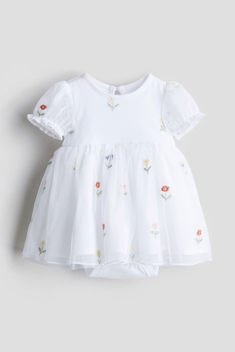Embroidered Tulle Bodysuit Dress - White/floral - Kids | H&M US | H&M (US + CA)