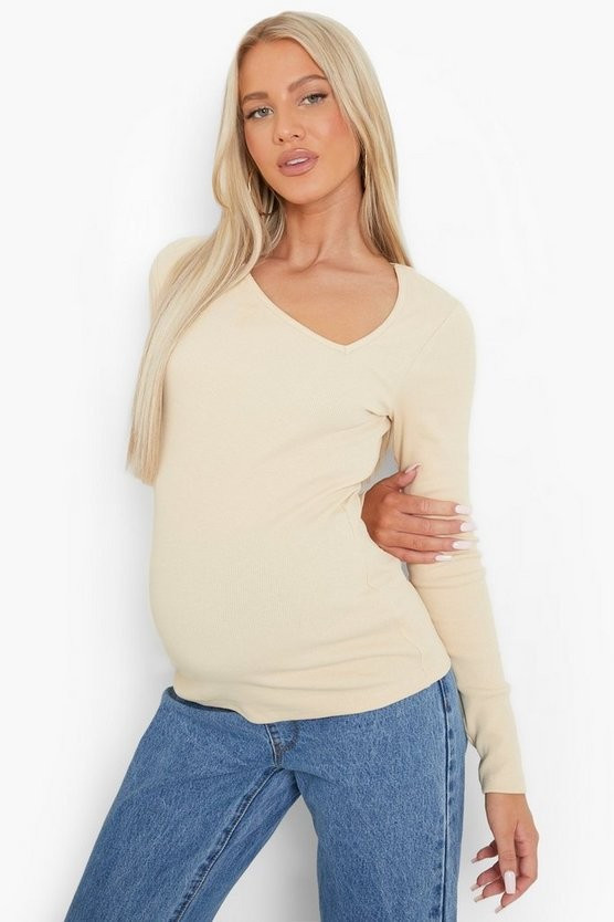 Maternity Asymmetric Long Sleeve Rib Top | Boohoo.com (US & CA)
