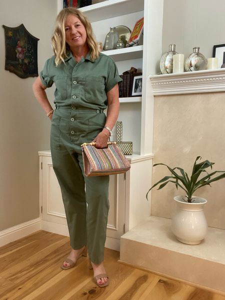 Obsessed! This jumpsuit checks a lot of boxes. Comfy, versatile and stylish. It’s the true coverall look but fitted and feminine. Reinforced with internal snaps. No gaps! Runs tts. Sandals are low-heeled and comfy. Also TTS. 

#LTKstyletip #LTKSeasonal #LTKshoecrush