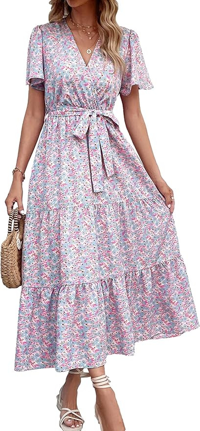 MASCOMODA Womens Boho Swiss Dot Maxi Dresses Wrap V Neck Flutter Short Sleeve Solid Tie Belt A Li... | Amazon (US)