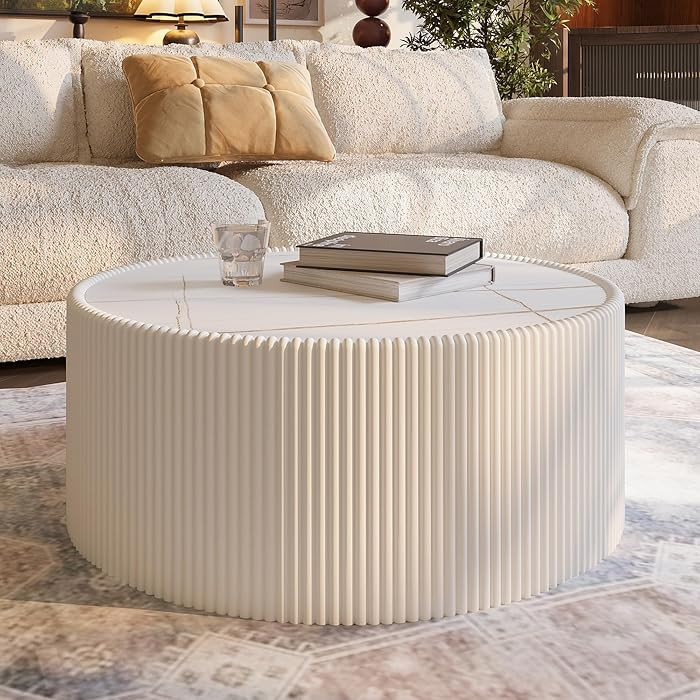 GDFStudio Modern Round Coffee Table, Luxury Sintered Stone Top Circle Coffee Table with PU Leather Drum Base, Creative Shape Small Tables for Living Room Side Tables, Fully Assembled, Milk White-Large | Amazon (US)