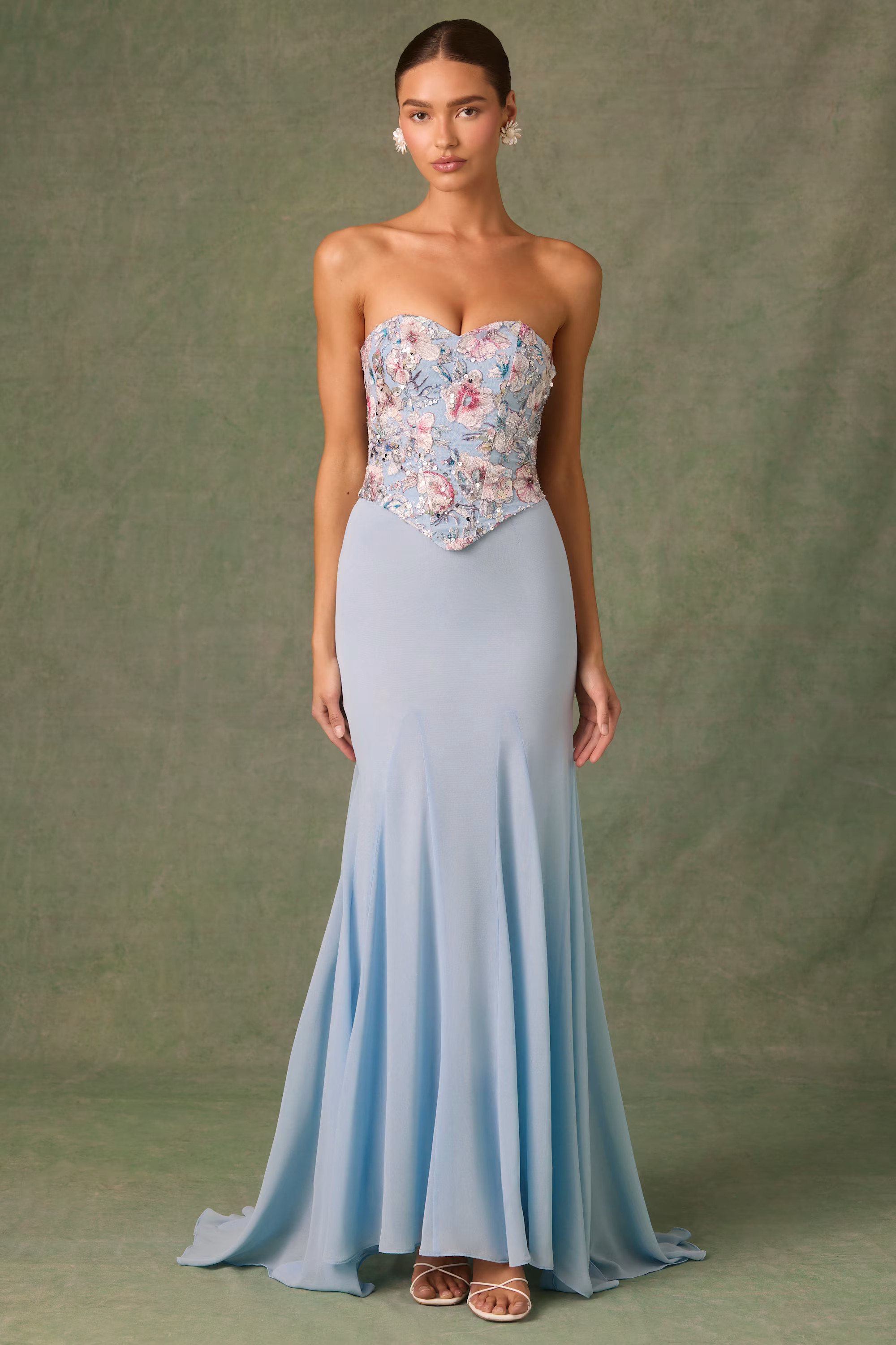 Embellished Corset Fishtail Gown in Floral Blue | Oh Polly