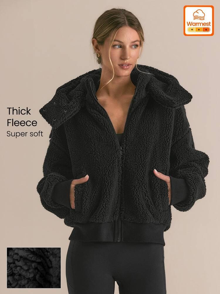GLOWMODE Thick Fleece Keeping It Cozy Bomber Jacket With Detachable Hood, Ribbed Trim... | SHEIN