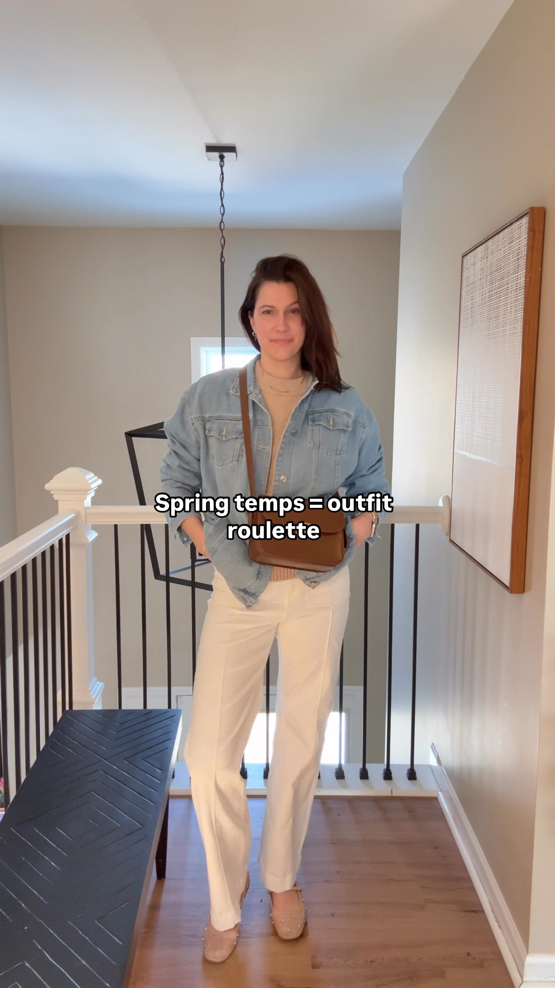 From multiple layers to a t-shirt, easy spring outfit

Oversized denim jacket, neutral sweater, white tee, white pants, mesh flats, ballet flats, brown crossbody

#LTKStyleTip #LTKMidsize